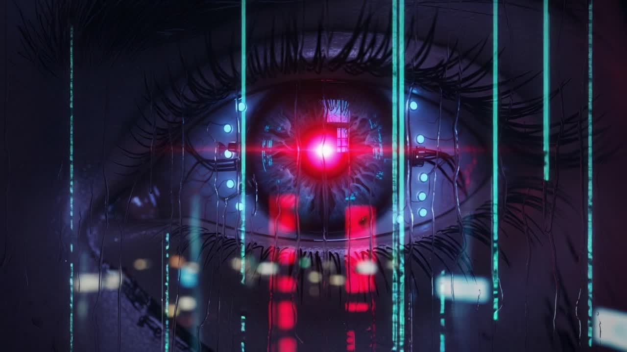 A Futuristic Glimpse: A Close-Up View of a High-Tech Eye Merging Biological and Digital Components, Surrounded by Neon Data Streams and Optical Enhancements