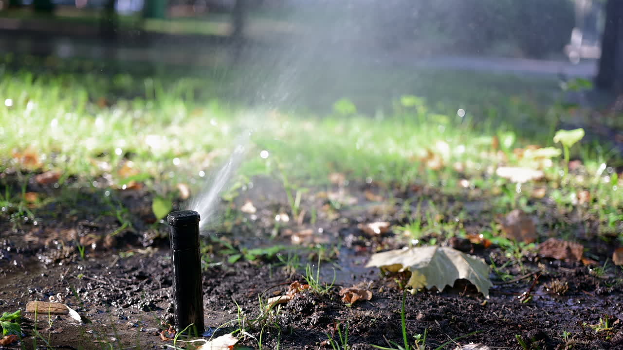 Irrigatore da giardino che spruzza acqua con raggi solari intensi, creando riflessi scintillanti