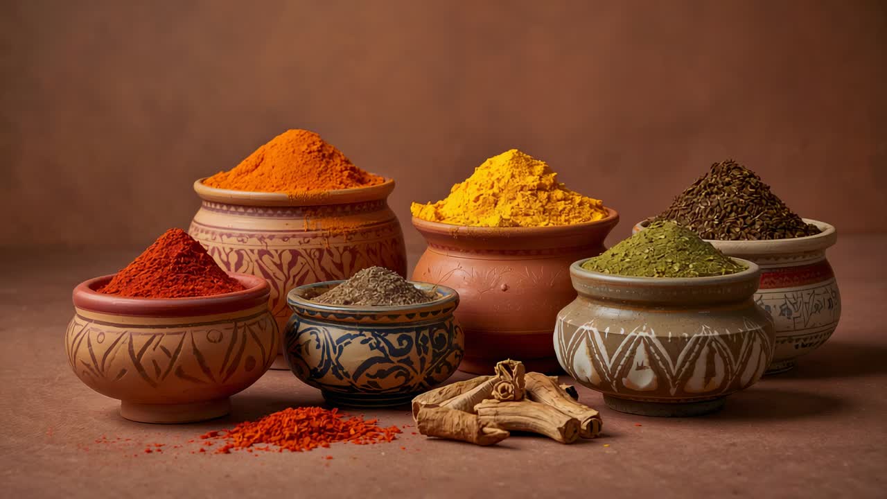 Pushing camera in on still-life, showing 7 spice bowls, loose red powder and cinnamon sticks