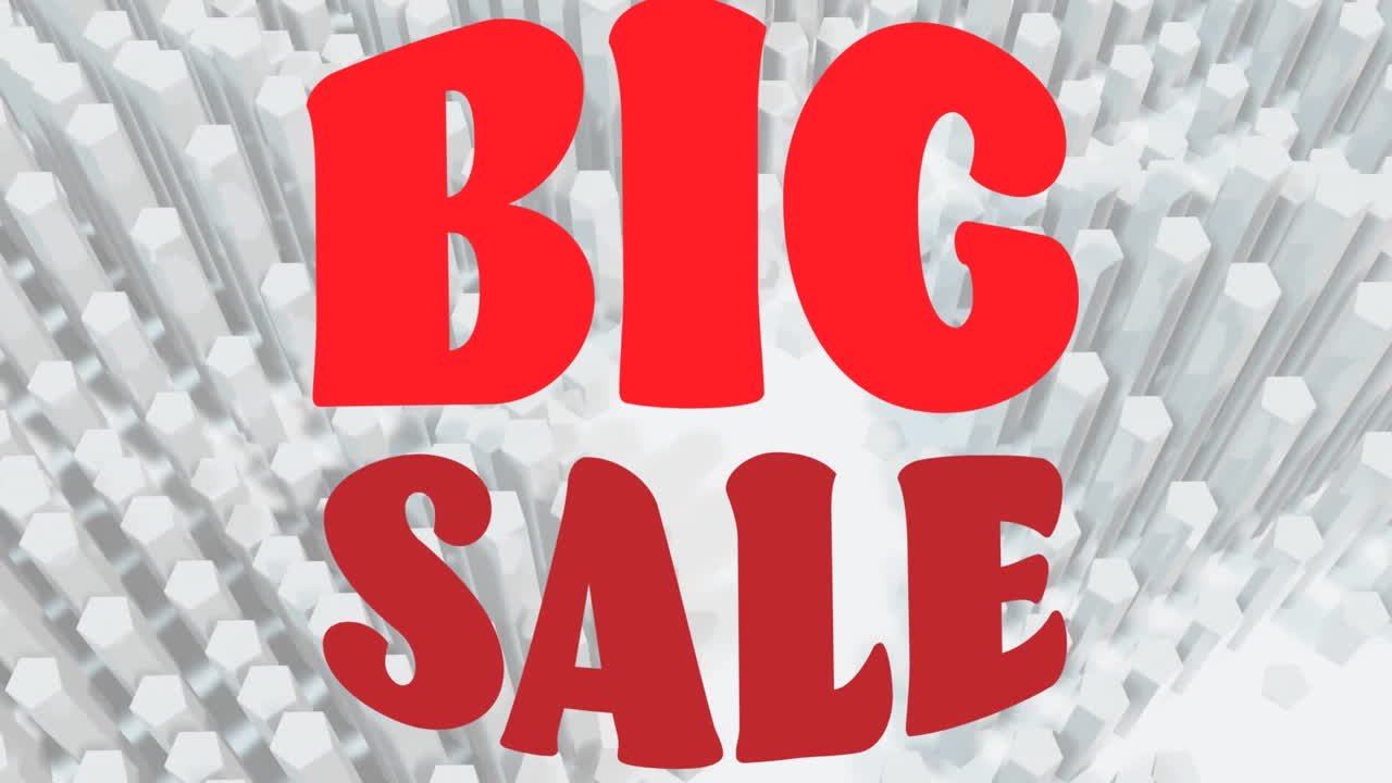 animación del texto de gran venta, en rojo sobre barras hexagonales blancas en movimiento