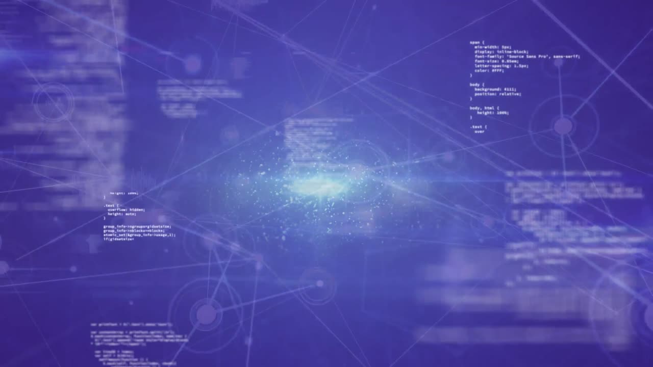 Animation of network of connections with icons and data processing over blue background