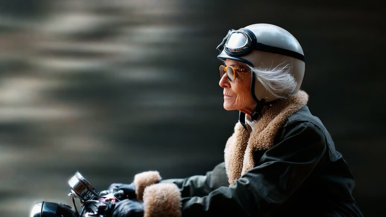 An Inspiring Journey of Freedom: A Stylish Senior Woman Riding a Motorcycle with Vintage Goggles, Embracing Adventure Against a Beautiful Blurred Background
