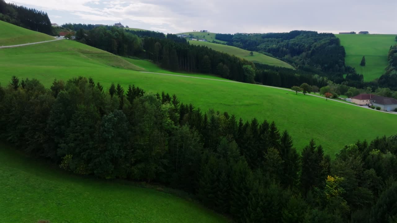 Drone flyover vibrant green meadows with scattered trees and forested slopes in Kürnberg, Austria