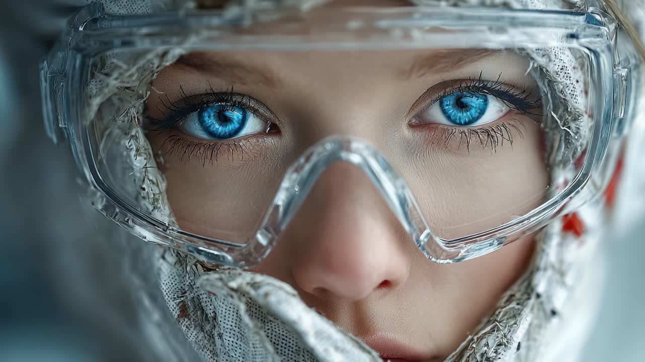 A Close-Up of a Person with Striking Blue Eyes Wearing Protective Gear, Capturing Intense Emotion and Intrigue in a Hypothetical Environment