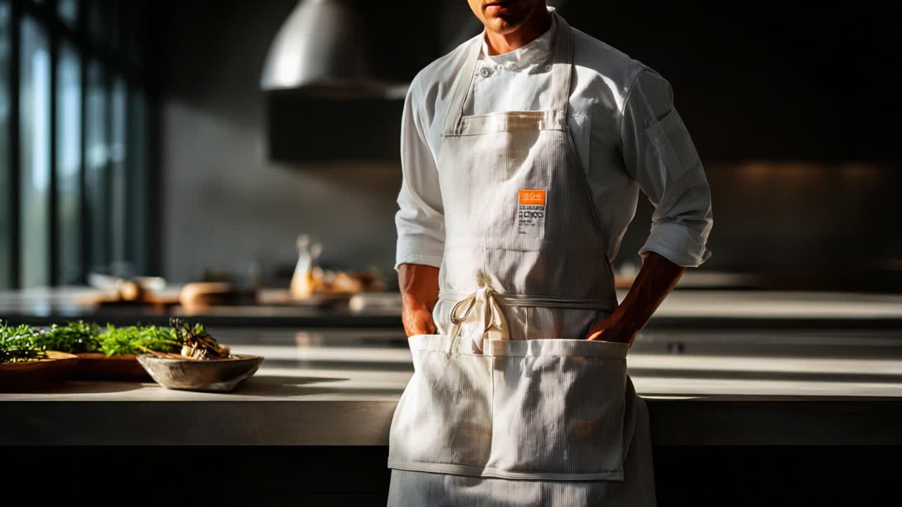 A dedicated chef in a stylish kitchen, embodying passion for culinary arts, showcases precision in preparations, illuminated by natural light, highlighting skills and artistry in cooking