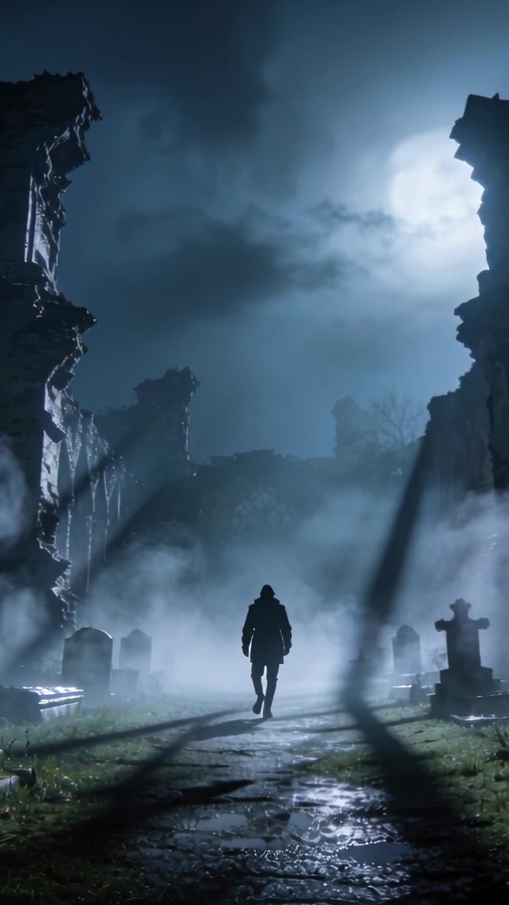 Video vertical: Figura con abrigo caminando por un sendero de cementerio, con la luna iluminando su silueta por detrás, una cruz cerca.