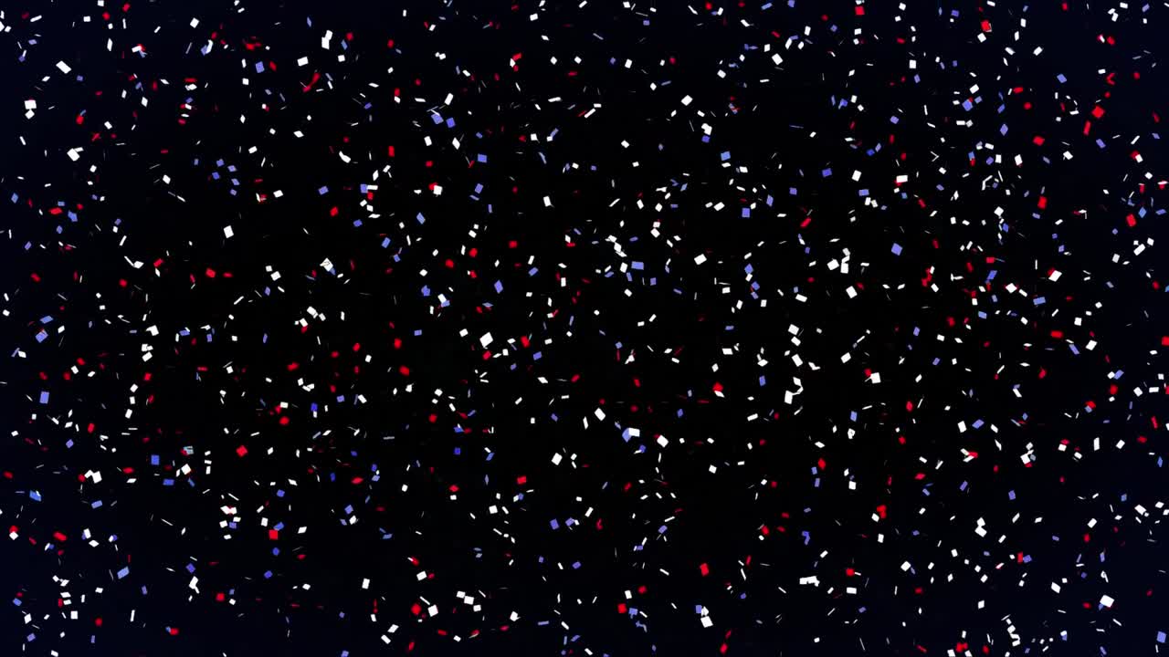 Animazione di coriandoli blu, rossi e bianchi che si muovono su sfondo nero