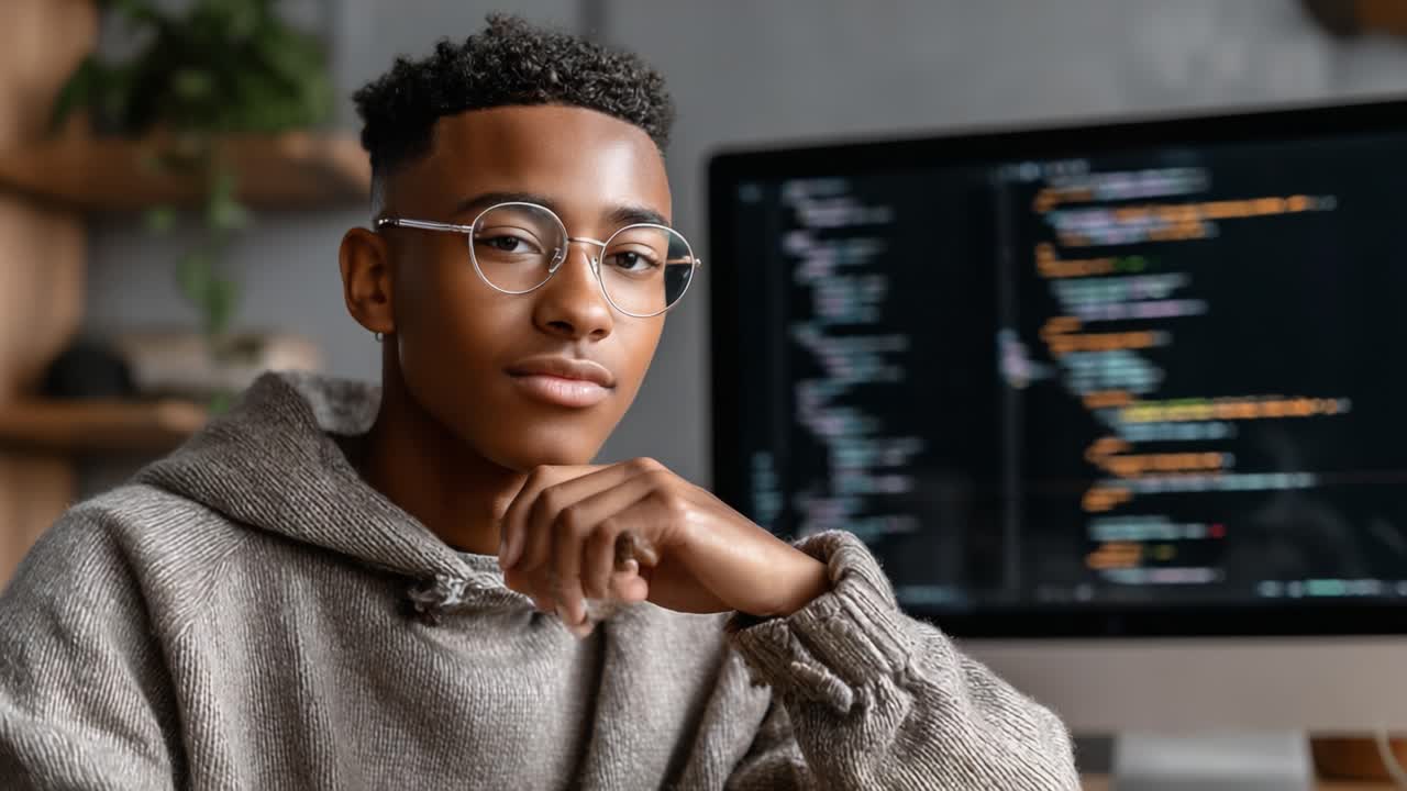 A young individual confidently engages in programming, showcasing their skills while seated at a modern workspace with a computer displaying code, exemplifying a blend of creativity and technology