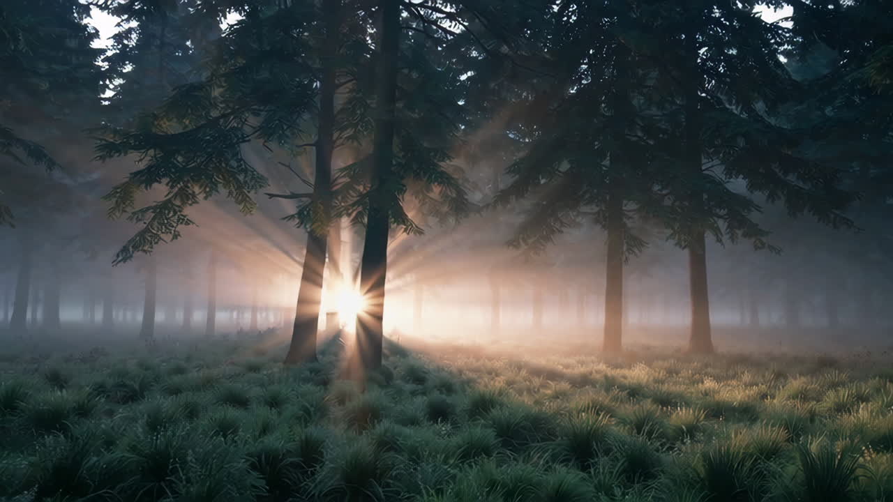 안개 숲의 해가 뜨는 것