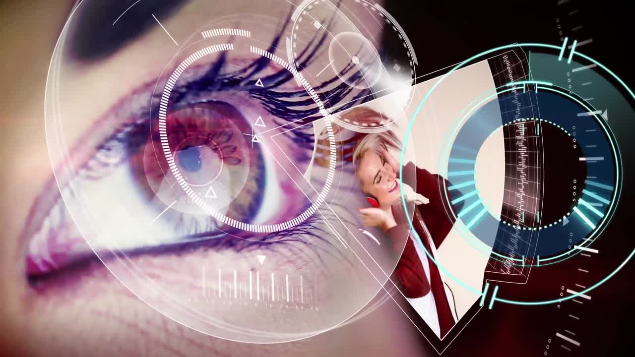 Animation of digital interface and woman using headphones over woman's eyes