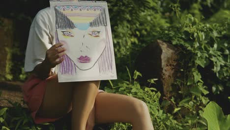 una talentosa y hermosa joven artista india muestra su vibrante obra de arte en un bosque tranquilo en esta cautivadora toma a cámara lenta