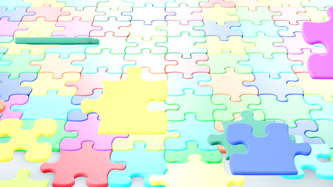 hermosas piezas de rompecabezas coloridas cayendo en la superficie. concepto de la infancia animación 3d. pantalla verde máscara alfa.