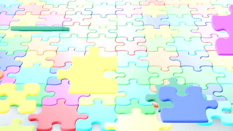 beautiful colorful puzzle pieces falling down on the surface. childhood concept 3d animation. green screen alpha mask.