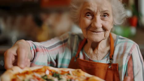 senior woman holding homemade pizza