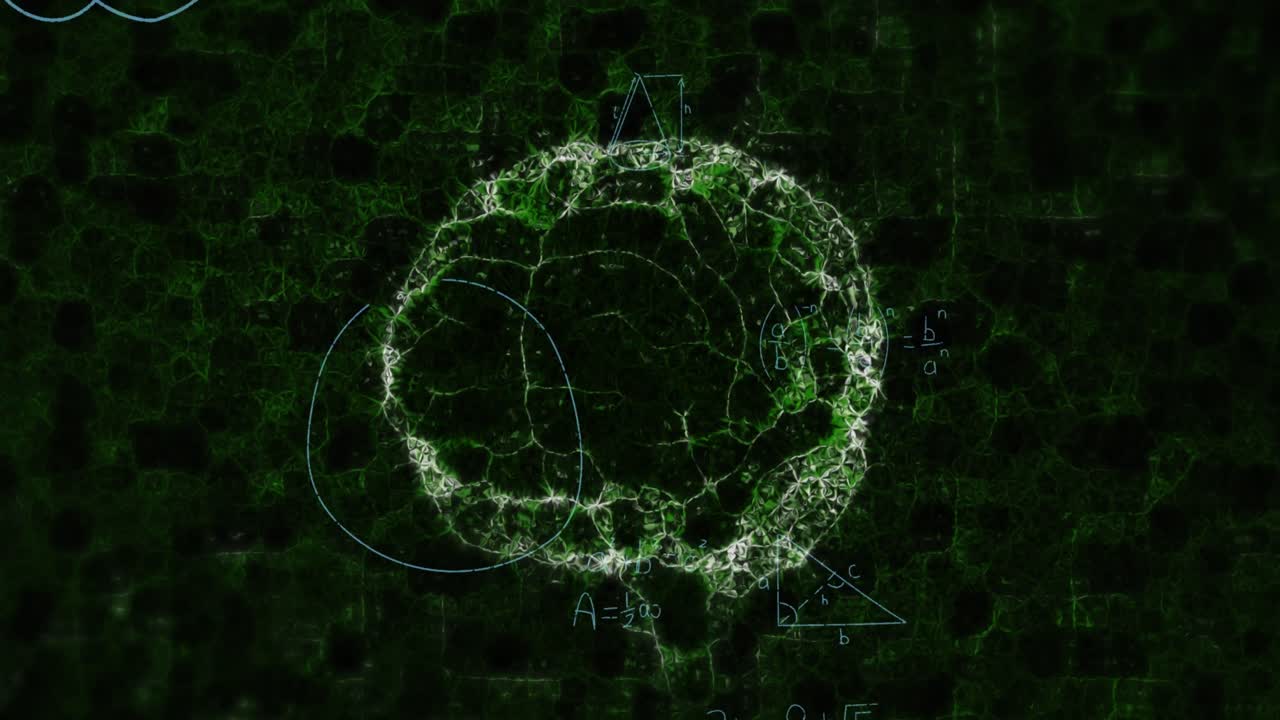 animación de ecuaciones matemáticas sobre un modelo digital del cerebro humano sobre un fondo negro