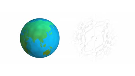 Animation-of-rotating-purple-globe-and-spherical-network-of-connections,-on-white