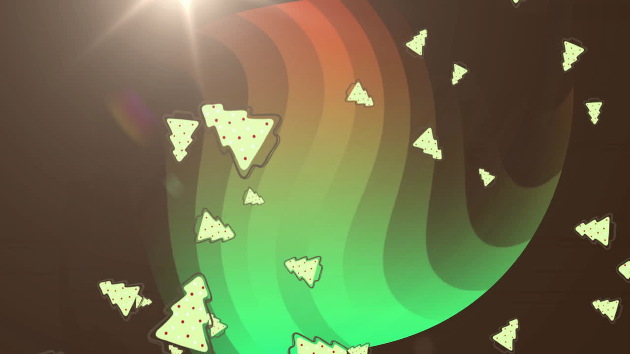 Christmas tree shapes animation over colorful wavy background
