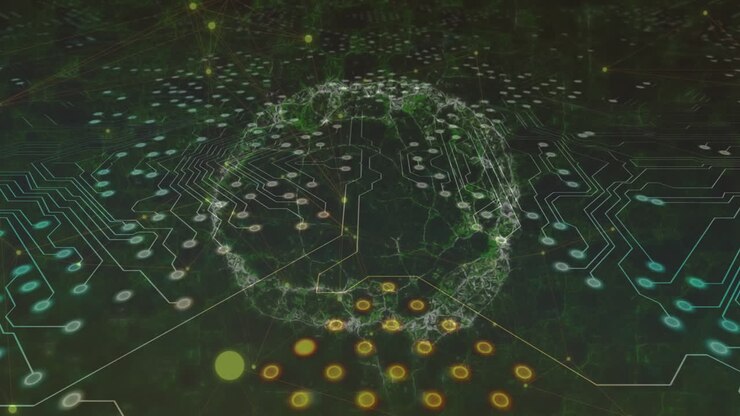 Animazione di cervello digitale su scheda di circuito stampato di computer su sfondo nero
