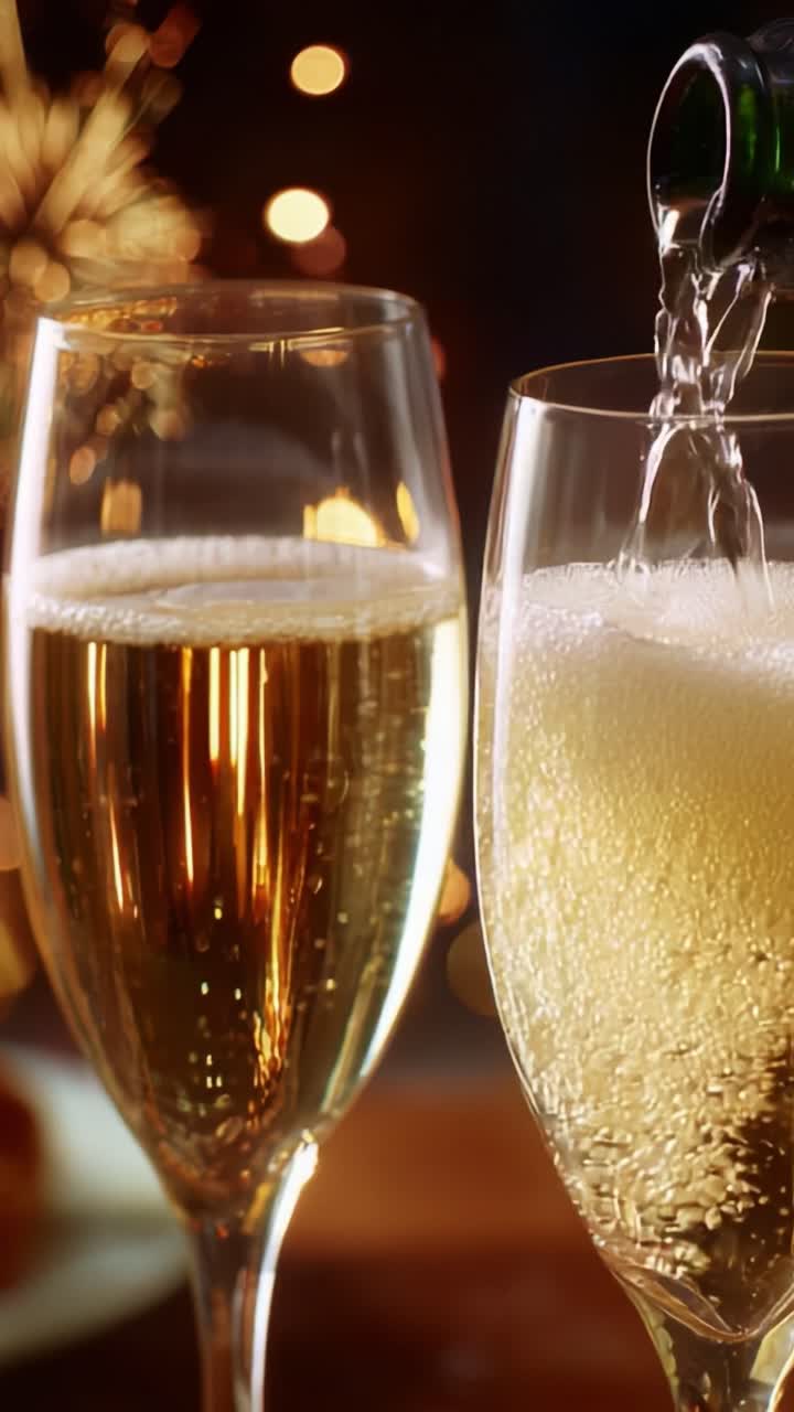 Two Elegant Glasses of Sparkling Champagne Being Poured at a Celebration, Capturing the Essence of Festivity with Bubbles Rising, Warm Lighting, and a Touch of Glamour