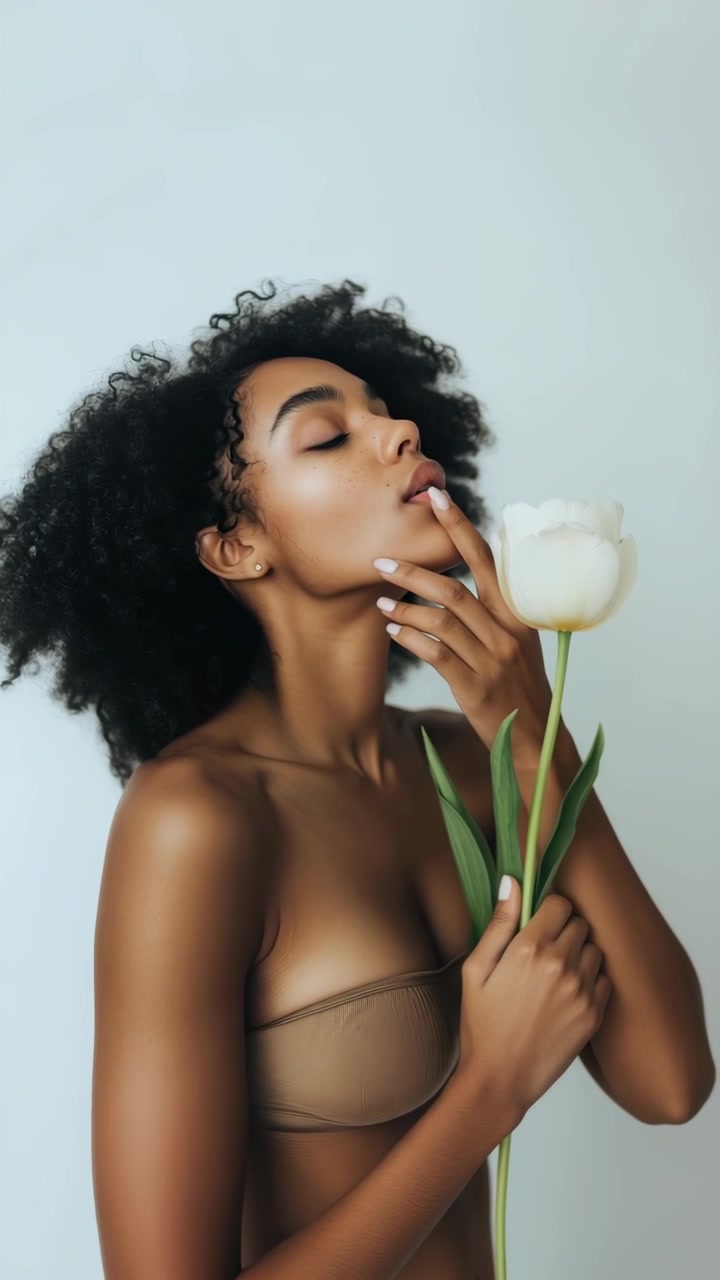 Giovane donna con i capelli ricci che tiene in mano e annusa un tulipano bianco