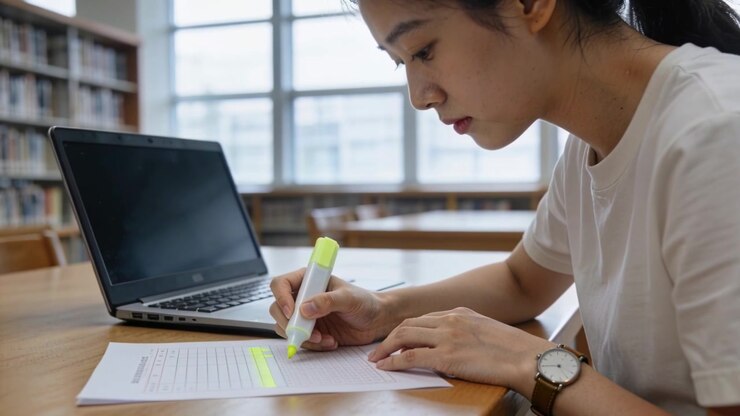 Starting study, Asian student highlighting notes at library with yellow highlighter