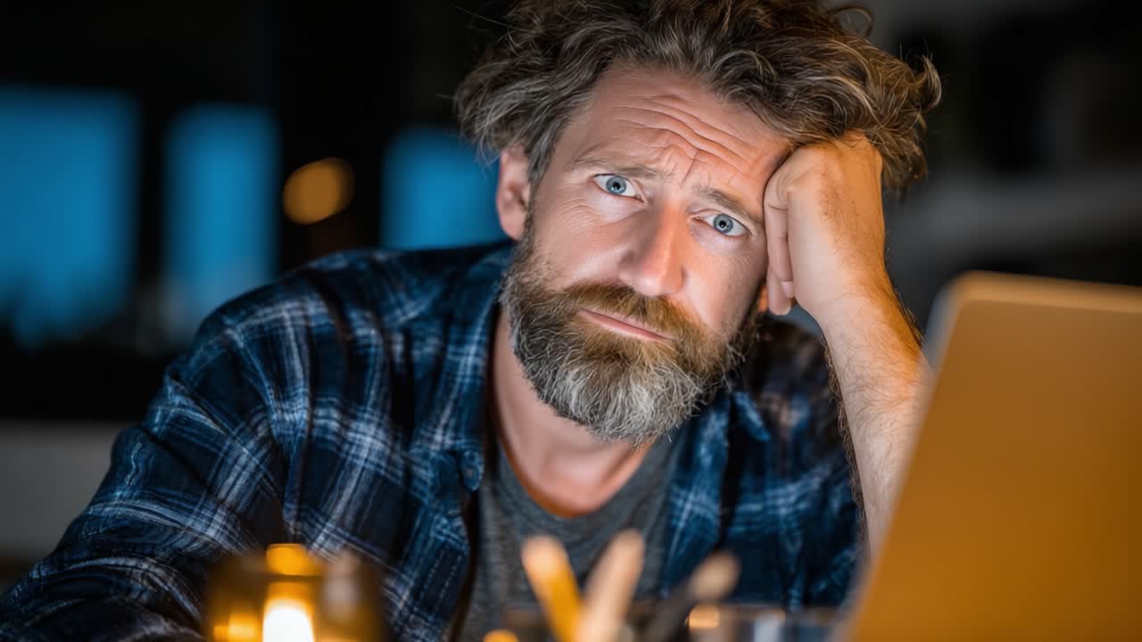 A contemplative man sits in a dimly lit room, gazing thoughtfully at his laptop, embodying a mood of deep reflection and uncertainty in this intimate moment