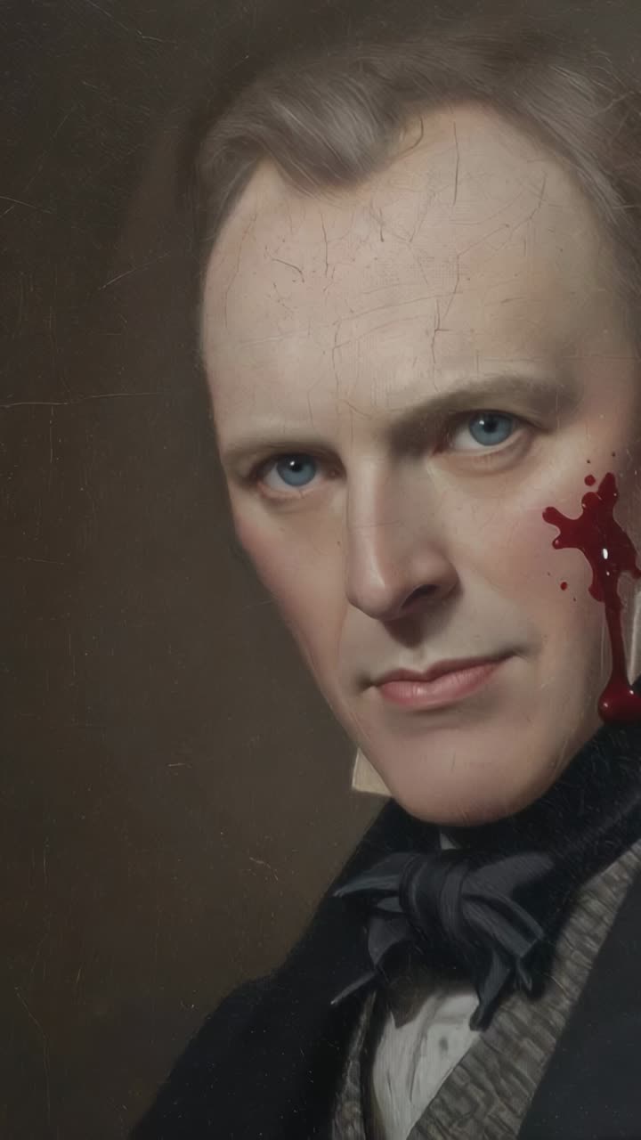Vertical video: Zooming camera on portrait, man in cravat gazing, emphasizing face and red splatter