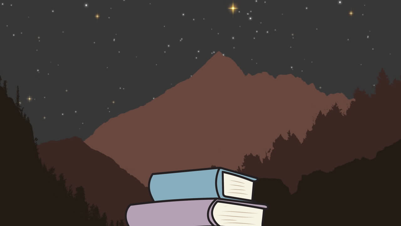 animación de iconos de libros sobre las montañas por la noche