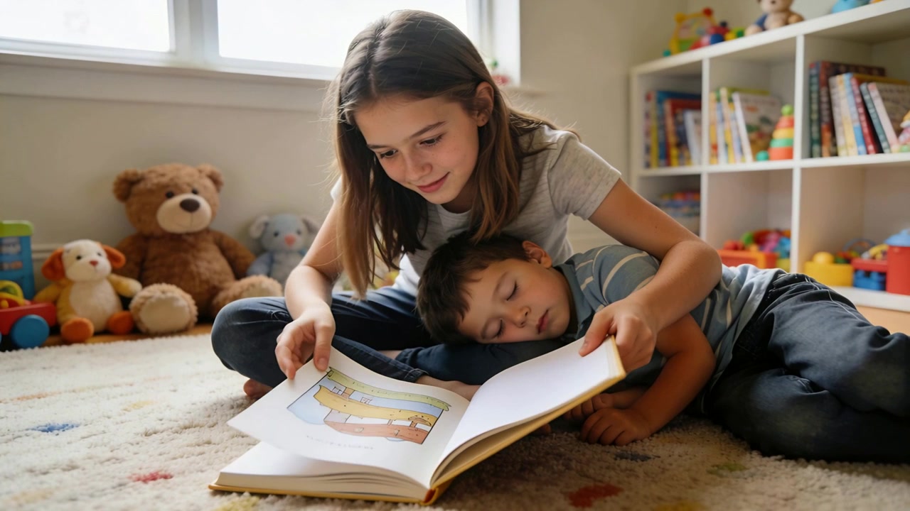 Sorella maggiore in maglietta grigia che apre un libro illustrato e legge su un tappeto da gioco, consolando il fratello minore.