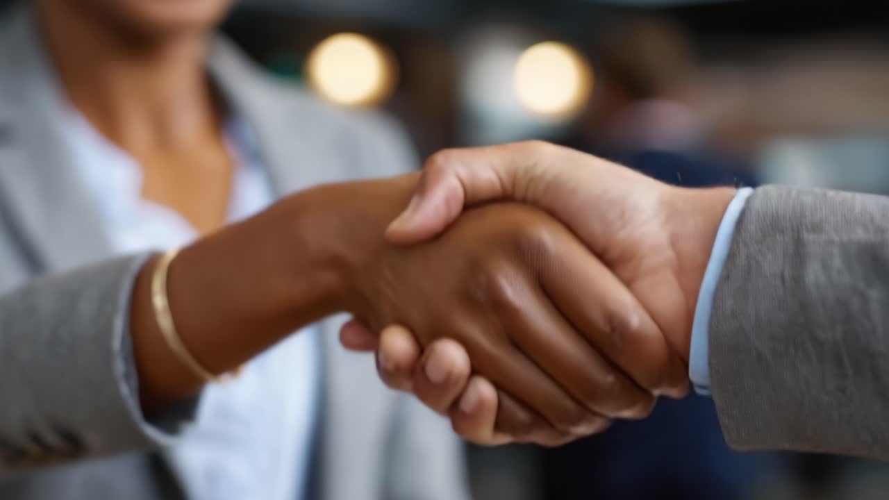 A Firm Handshake Between Professionals Signifying Agreement, Collaboration, and Partnership in a Business Environment