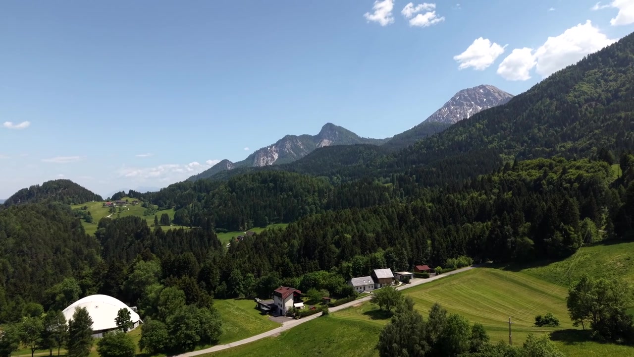 Una tradizionale fattoria alpina con tetto rosso e un fienile a cupola bianca si trovano lungo una strada sterrata curva, rimpiccioliti da frastagliate cime calcaree che si ergono sopra una fitta foresta austriaca. Austria. Vista aerea con drone.