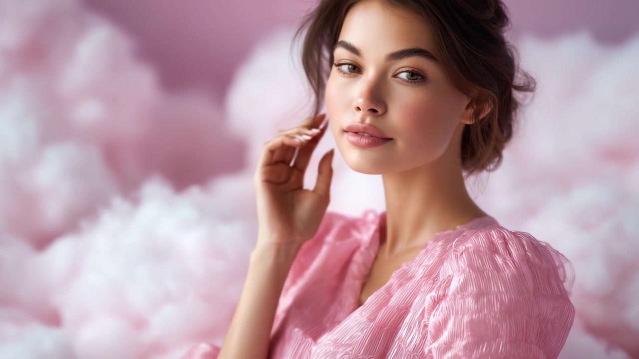 Ritratto accattivante di una giovane donna in un'ambientazione rosa tenue, che emana eleganza e fascino con un'espressione serena contro uno sfondo da sogno simile a una nuvola.