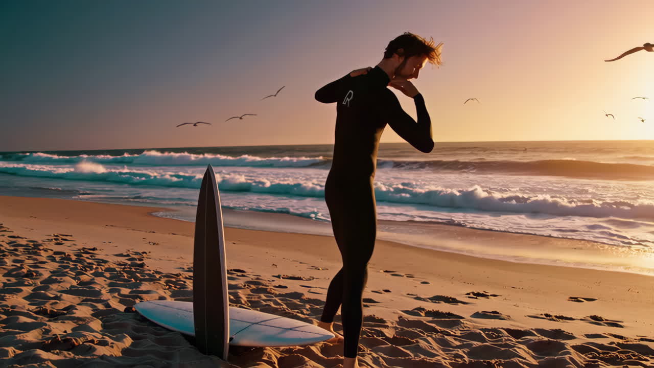 해변에서 해가 지는 서퍼