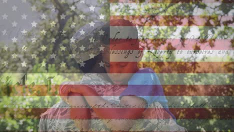 Animation-of-male-soldier-embracing-son-over-american-flag