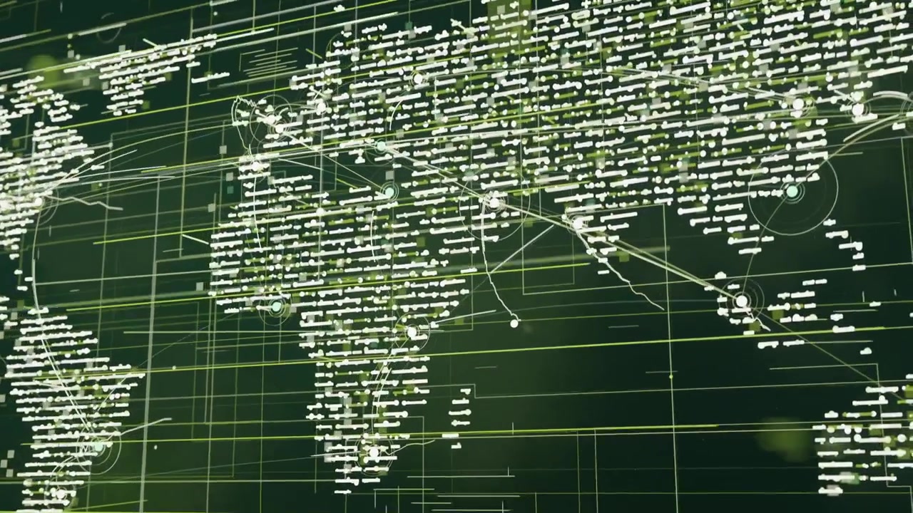 Shifting map of text clusters gliding after Atlantic pan, arcs and nodes pulsing showing data flows