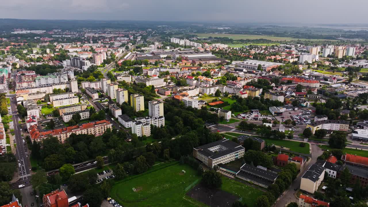 Wide aerial of Elbląg city at descent, concept of regional economic development