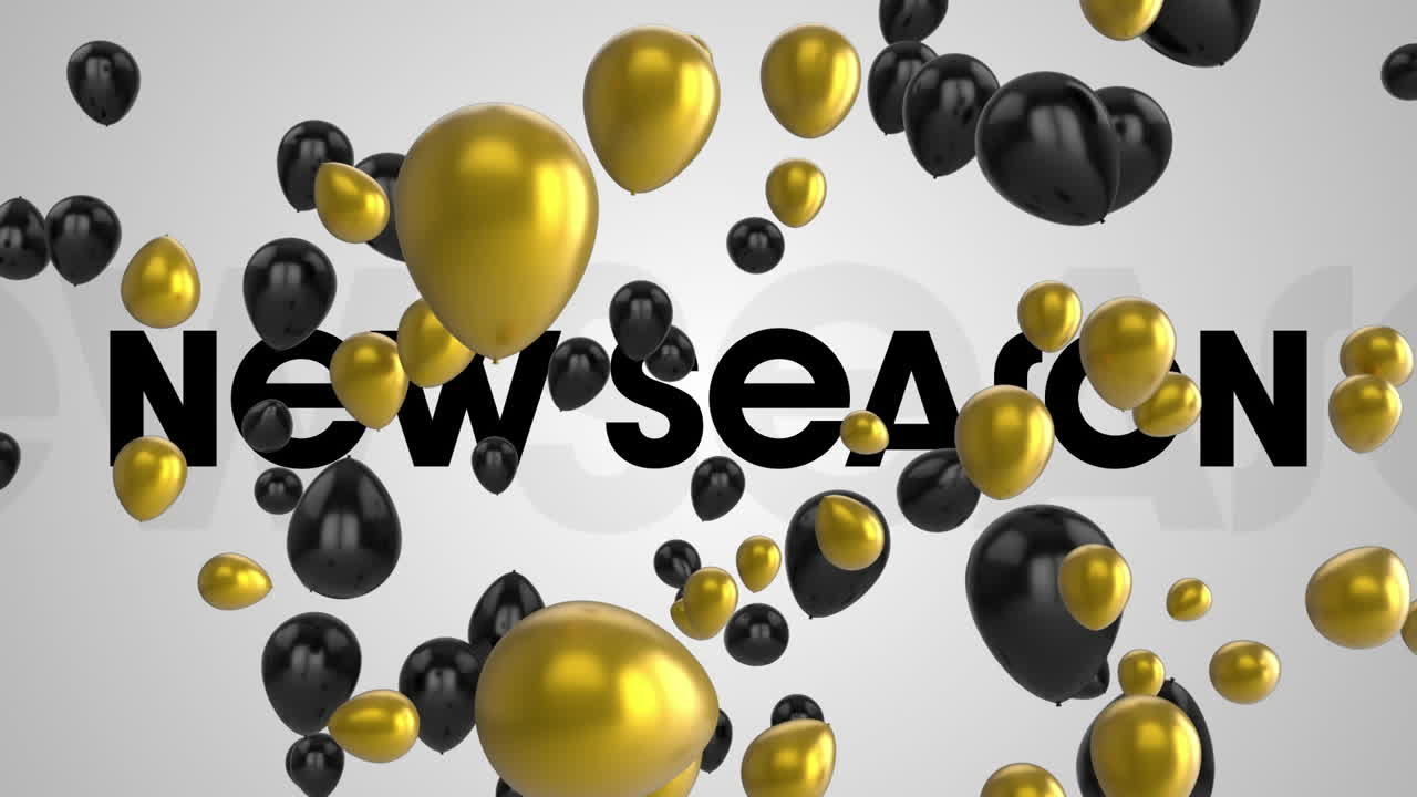 Animazione di testo 'nuova stagione' e palloncini su sfondo bianco
