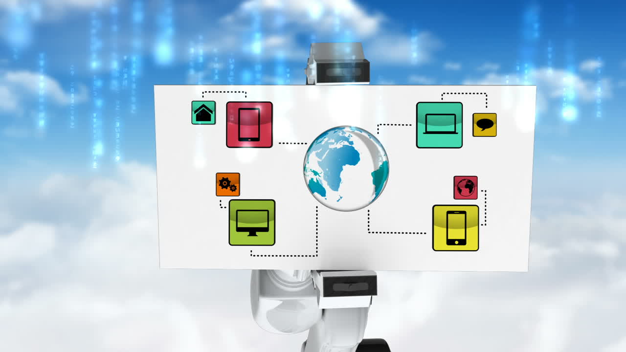 네트워크 아이콘과 함께 로 ⁇  팔을 들고 있는 카드의 디지털로 생성된 비디오