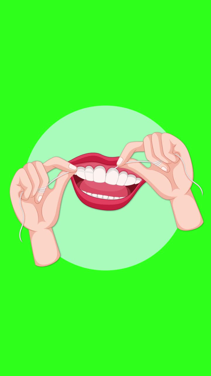 Vector animation of hands flossing teeth in a mouth, showing proper dental hygiene technique. Smooth, repetitive motion on a bright green isolated background