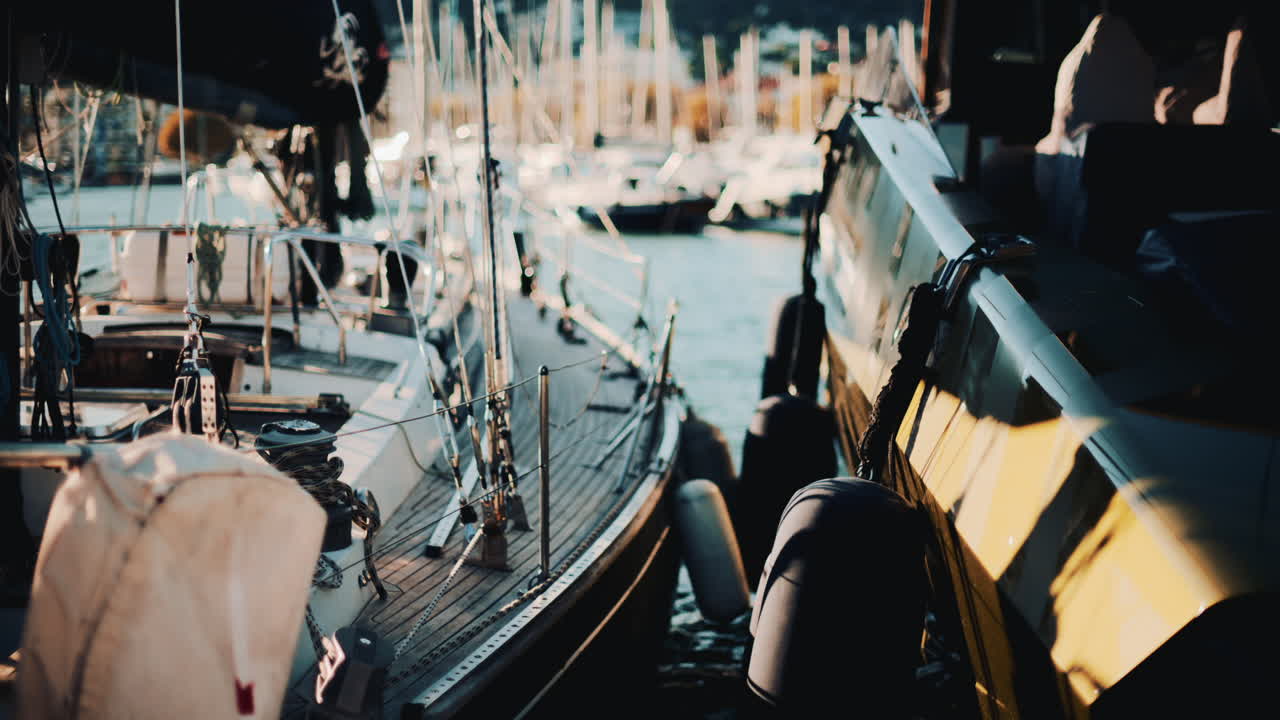 Close view of yachts and sailboats docked side by side in a scenic marina during golden hour
