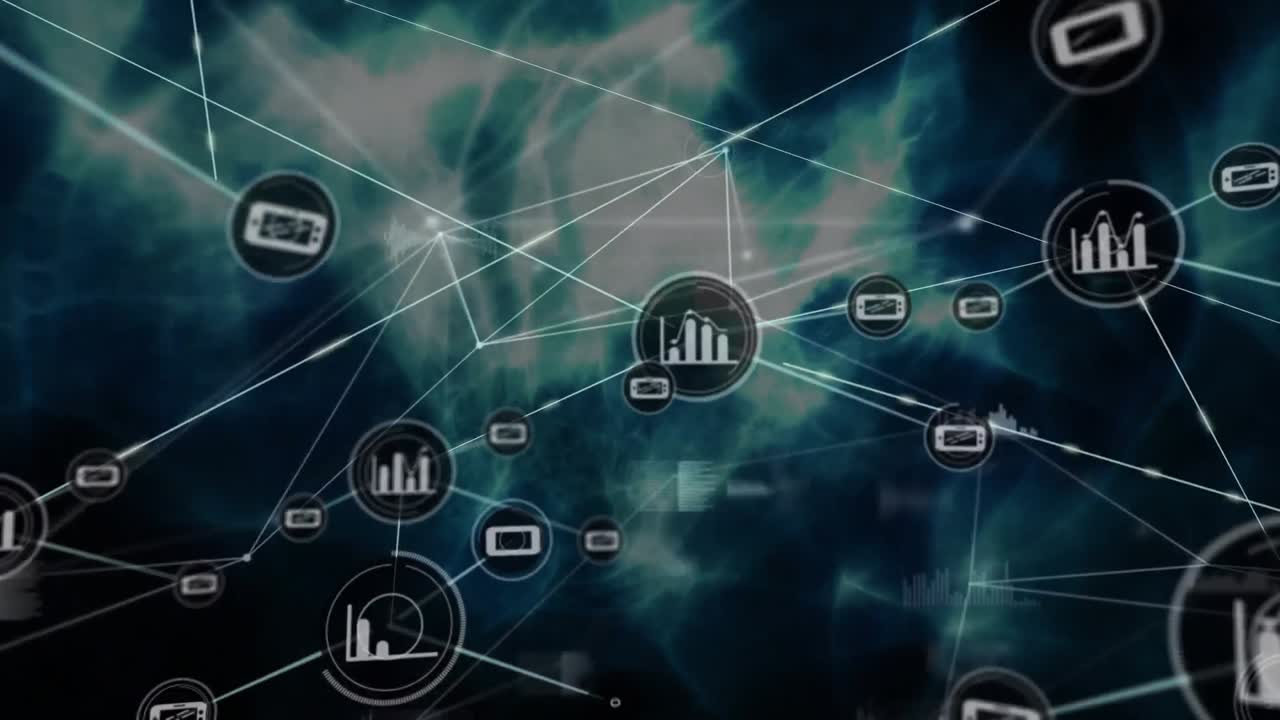 animación de la red de conexiones con iconos en fondo oscuro