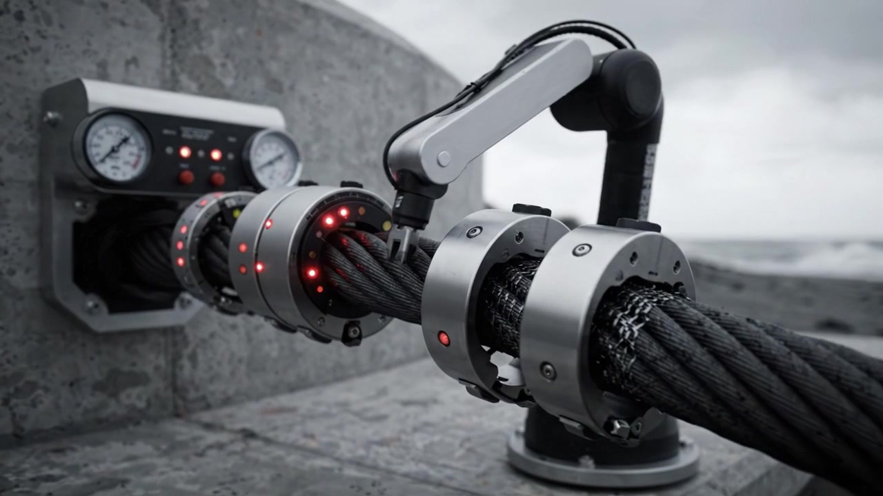Nadmorska konstrukcja bunkra z mechanizmem cumowniczym i interfejsem robotycznym na sztormowej plaży: Eksploracja interakcji między naturą a konstrukcjami stworzonymi przez człowieka.