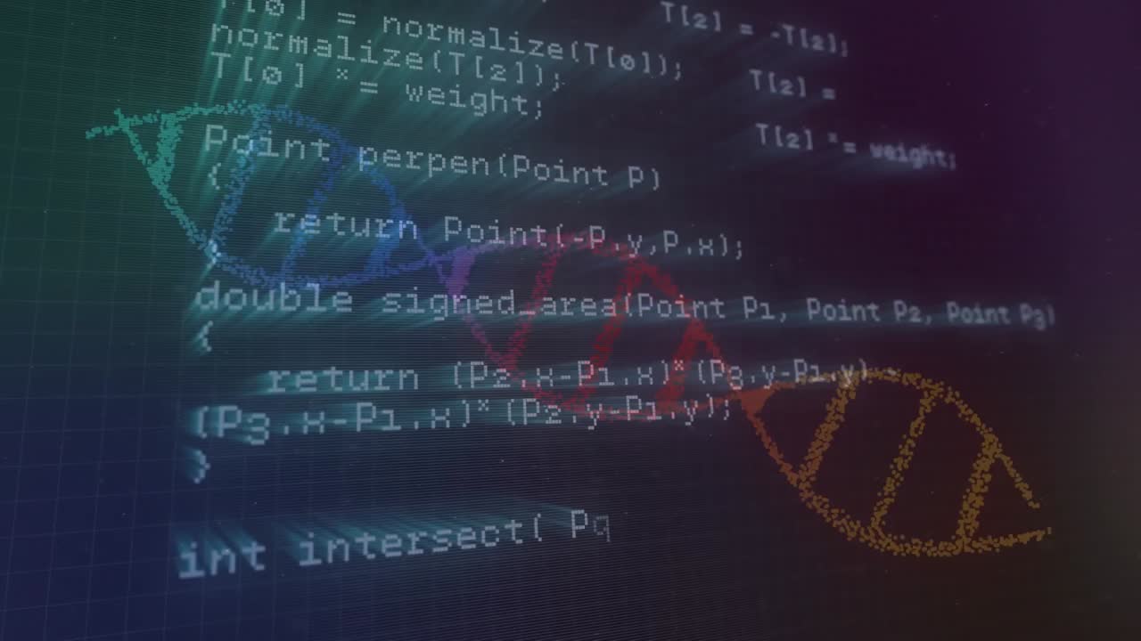 Animation of processing data and colourful dna strand rotating on dark screen