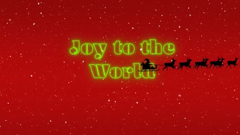 Animation-Von-Schnee,-Der-über-Neon-Textbanner-„Joy-To-The-World“-Vor-Rotem-Hintergrund-Fällt