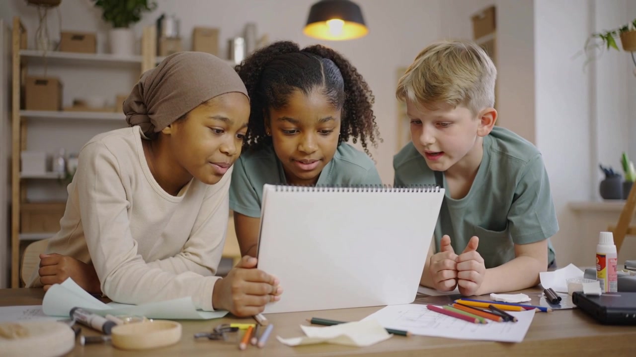 Holding sketchpad, left child head-wrapped leading kids at craft table, center narrating sketches