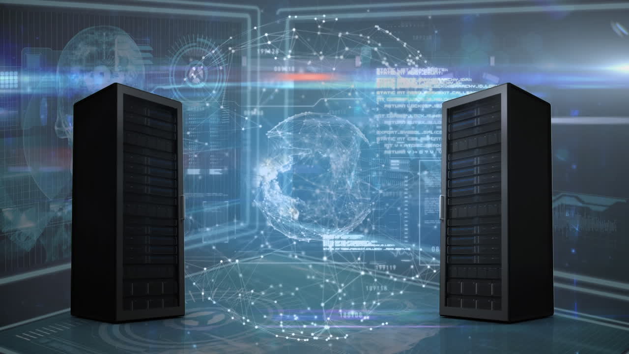 Digital animation of computer servers and globe spinning against digital interface