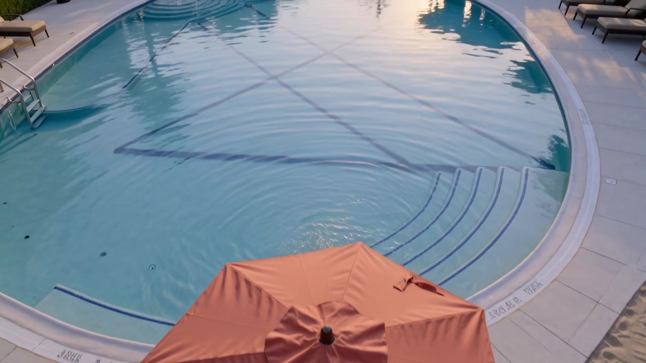 Panning camera revealing orange umbrella shading chairs at pool deck, disturbance creating ripples