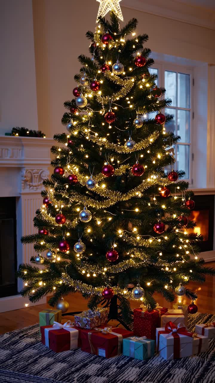 Festive Christmas tree adorned with lights and ornaments, captured from a low angle