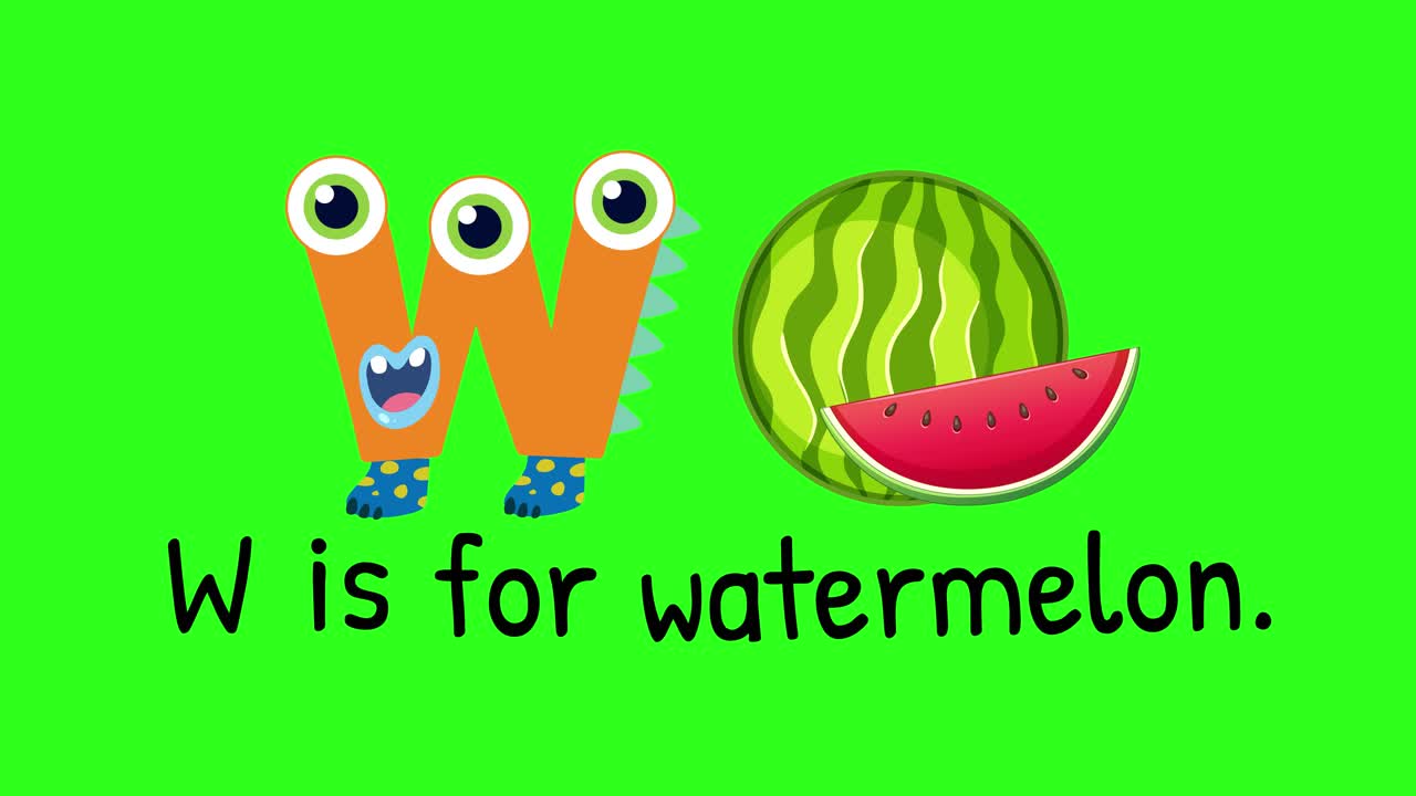 Bright animation with playful characters illustrating the letter W and a watermelon on a green background