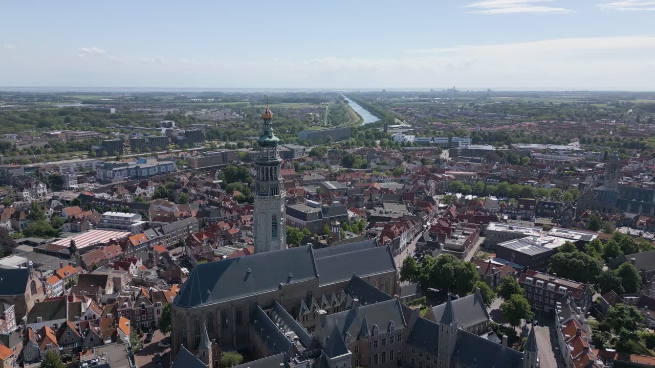 Aerial close up of Middelburg's abbey square and tower &amp;quot;Lange Jan